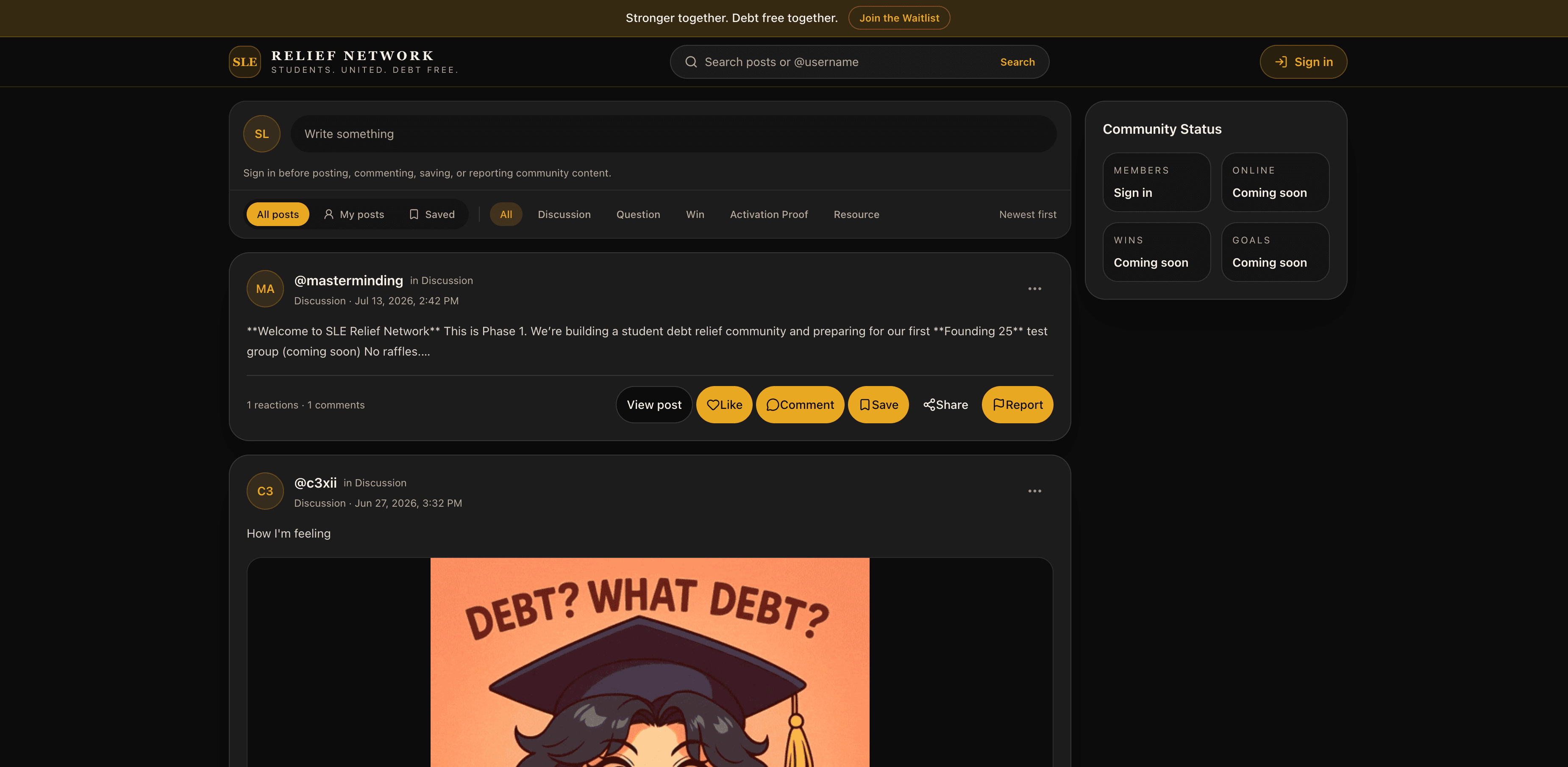 Preview of the SLE Relief Network community feed